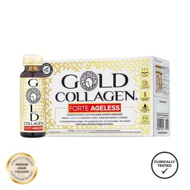GOLD COLLAGEN FORTE AGELESS dėžutė. TOP geriamas kolagenas odai, nuo oksidacinio streso, energijos trūkumo
