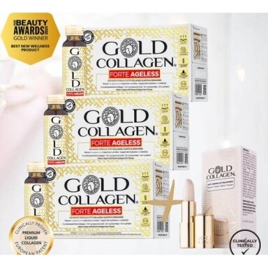 GOLD COLLAGEN FORTE AGELESS 3 dėžutės. (rekomenduojamas mėnesio kursas) + 25 eur DOVANA Gold Collagen lūpų balzamas. Nemokamas pristatymas. TOP geriamas kolagenas odai, nuo oksidacinio streso, energijos trūkumo.