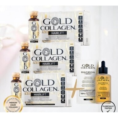 Gold Collagen HAIRLIFT 3 dėžutės (rekomenduojamas mėnesio kursas) + 30 eur DOVANA Gold Collagen galvos ir plaukų serumas. Nemokamas pristatymas. Premium geriamas kolagenas plaukams, jų grožiui ir stiprumui palaikyti