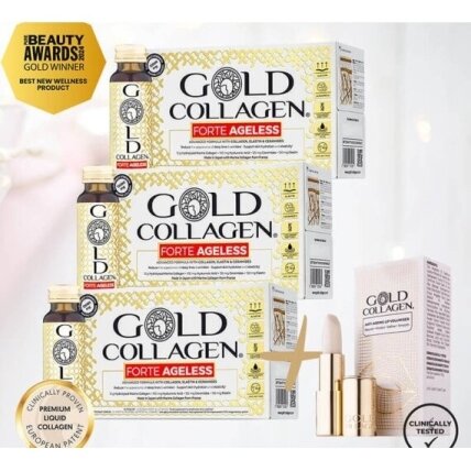 GOLD COLLAGEN FORTE AGELESS 3 dėžutės. (rekomenduojamas mėnesio kursas) + 25 eur DOVANA Gold Collagen lūpų balzamas. Nemokamas pristatymas. TOP geriamas kolagenas odai, nuo oksidacinio streso, energijos trūkumo.