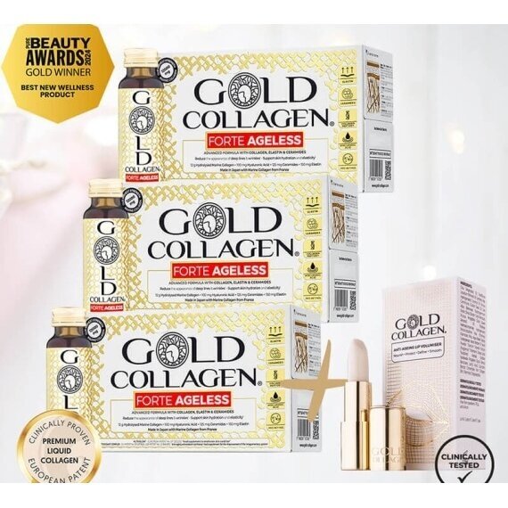 GOLD COLLAGEN FORTE AGELESS 3 dėžutės. (rekomenduojamas mėnesio kursas) + 25 eur DOVANA Gold Collagen lūpų balzamas. Nemokamas pristatymas. TOP geriamas kolagenas odai, nuo oksidacinio streso, energijos trūkumo.