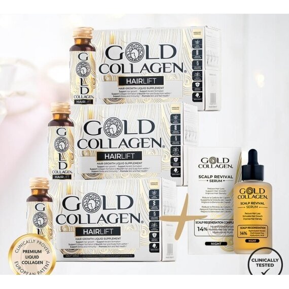 Gold Collagen HAIRLIFT 3 dėžutės (rekomenduojamas mėnesio kursas) + 30 eur DOVANA Gold Collagen galvos ir plaukų serumas. Nemokamas pristatymas. Premium geriamas kolagenas plaukams, jų grožiui ir stiprumui palaikyti Gold Collagen HAIRLIFT 3 dėžutės (rekomenduojamas mėnesio kursas) + 30 eur DOVANA Gold Collagen galvos ir plaukų serumas. Nemokamas pristatymas. Premium geriamas kolagenas plaukams, jų grožiui ir stiprumui palaikyti