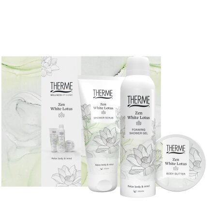 THERME ZEN WHITE LOTUS ATPALAIDUOJANTIS KŪNO PRIEŽIŪROS RINKINYS THERME ZEN WHITE LOTUS ATPALAIDUOJANTIS KŪNO PRIEŽIŪROS RINKINYS
